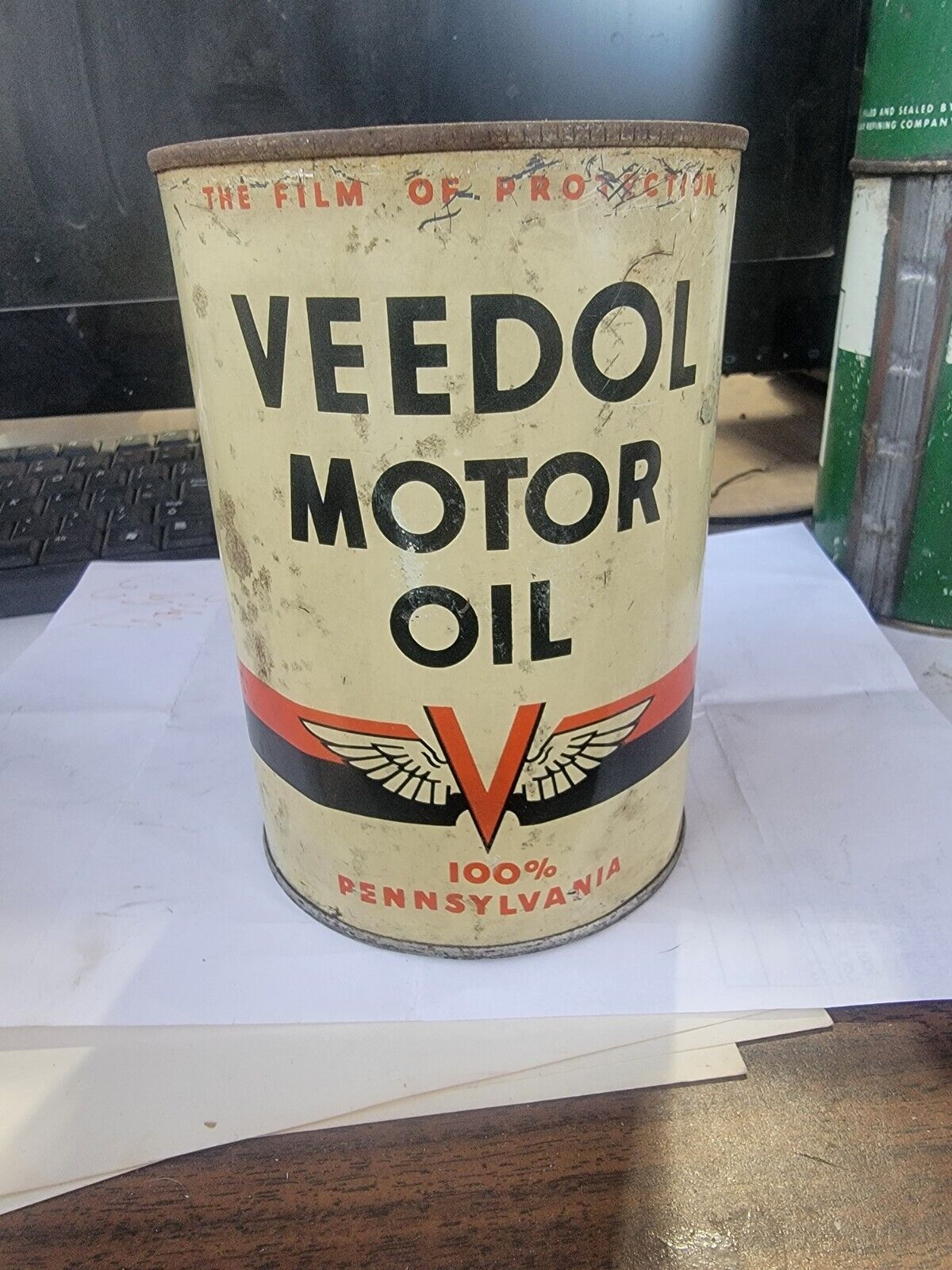 Old Empty VEEDOL 1 Quart Metal Can - Vintage TIDE WATER Motor Oil  Flying V Logo
