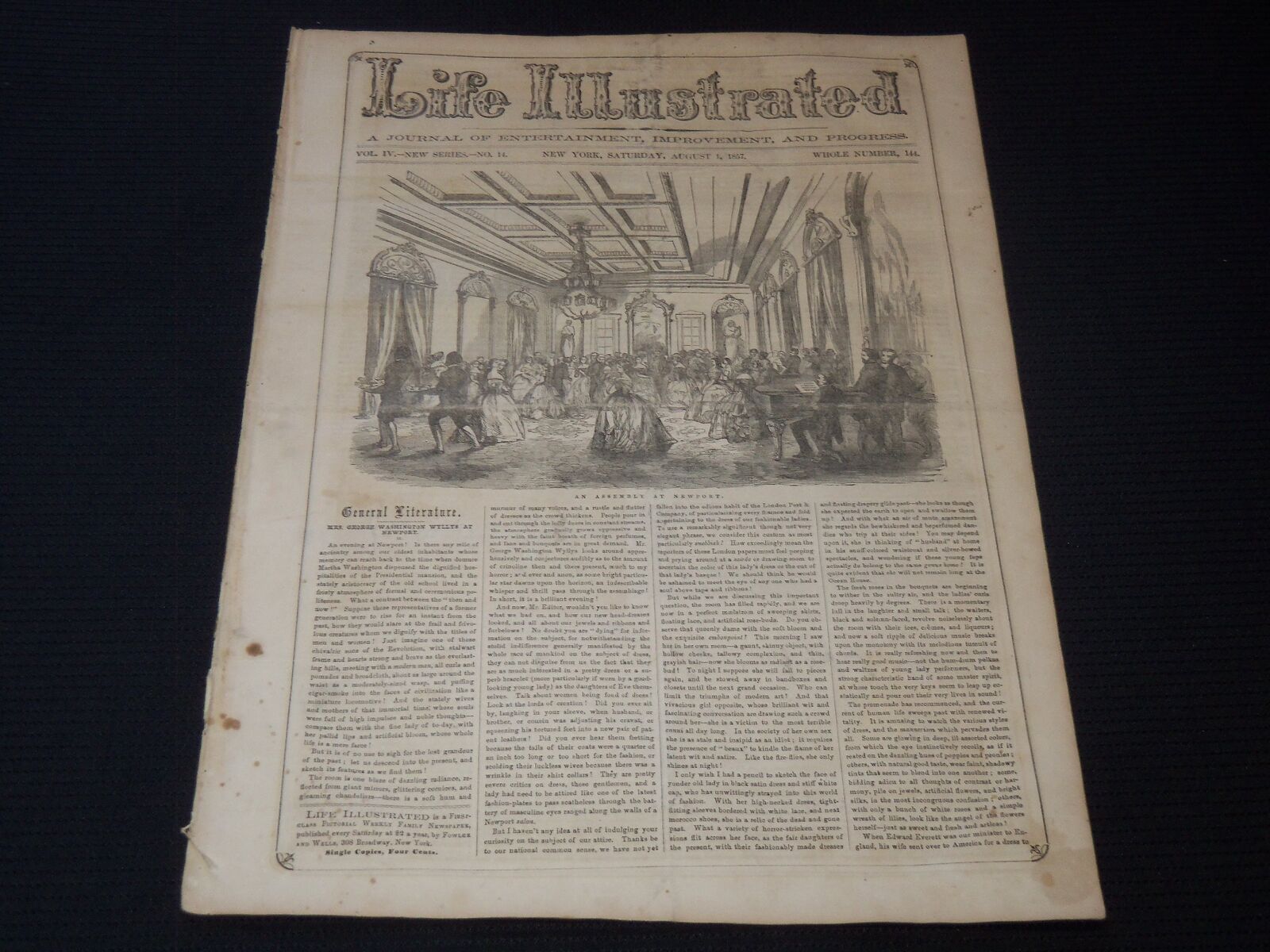 1857 AUGUST 1 LIFE ILLUSTRATED NEWSPAPER - AN ASSEMBLY AT NEWPORT - NP 5925