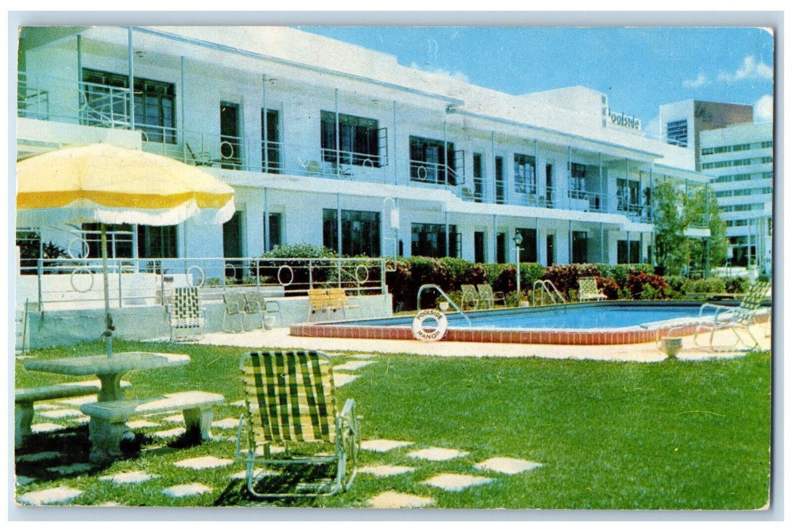 1954 Chairs, Umbrella, Poolside Manor Apartments Miami Beach Florida FL Postcard