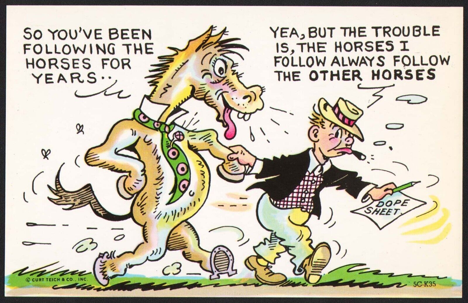 Vintage postcard SO YOU\'VE BEEN FOLLOWING THE HORSES Curt Teich comic cartoon