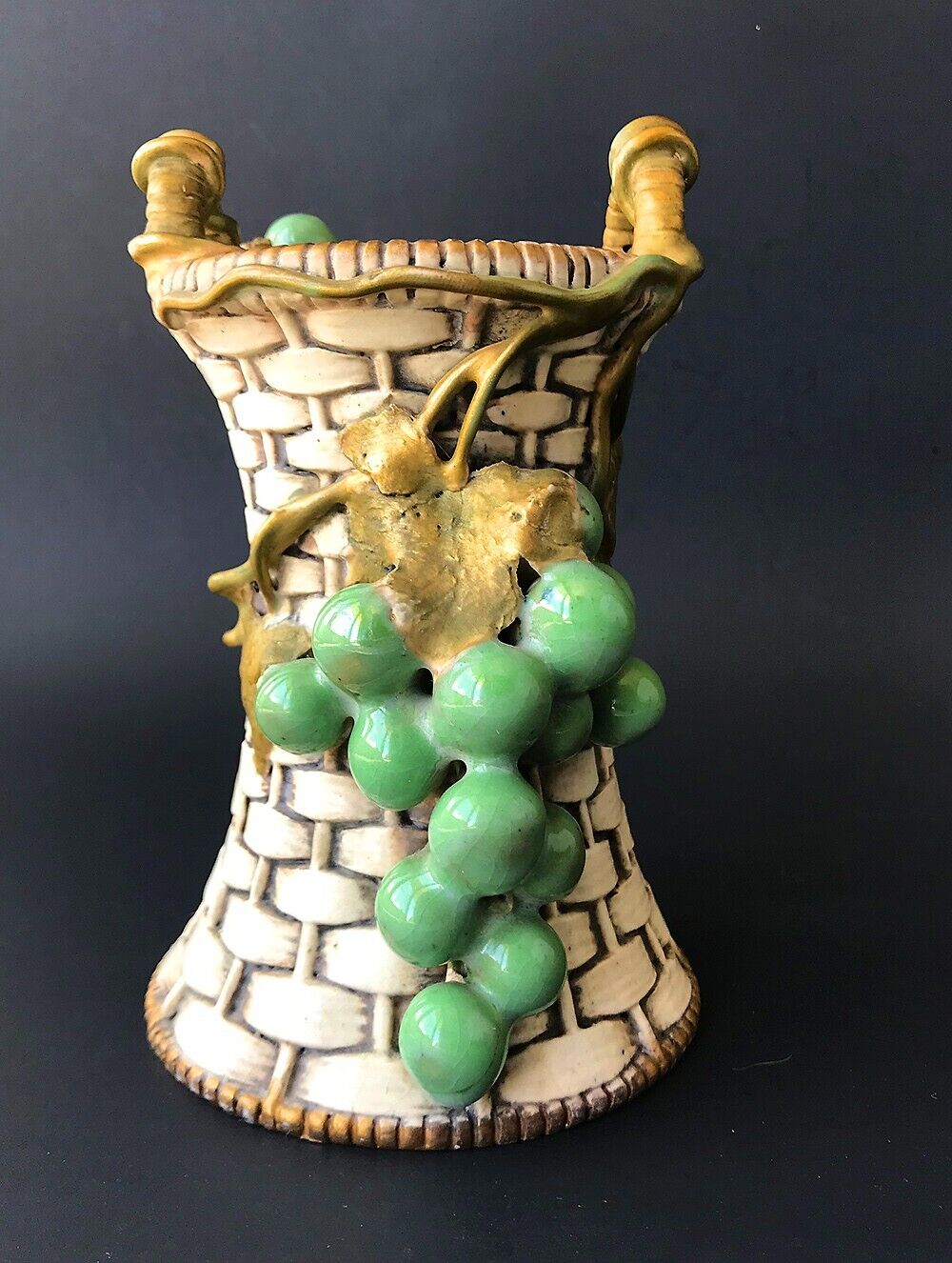 1920\'s Art Nouveau Green Grapes over the  Basket  Amphora Vase Made in Austria