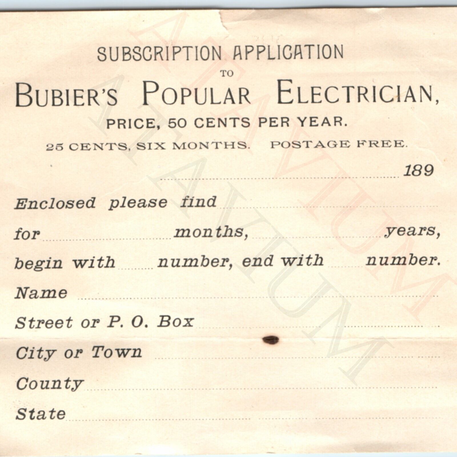 c1890s Bubier\'s Popular Electrician Subscription Application Paper Magazine C45