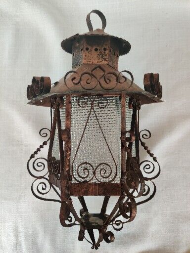 Vintage Hanging Lantern Ornate Scroll Work Gothic Spanish 15” Cottagecore