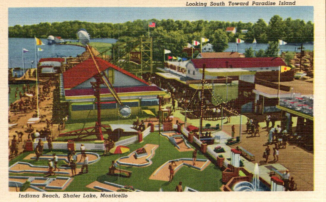 C 1935 PC INDIANA BEACH SHAFER LAKE MONTICELLO IN MINIATURE GOLF NOS RARE MINT *
