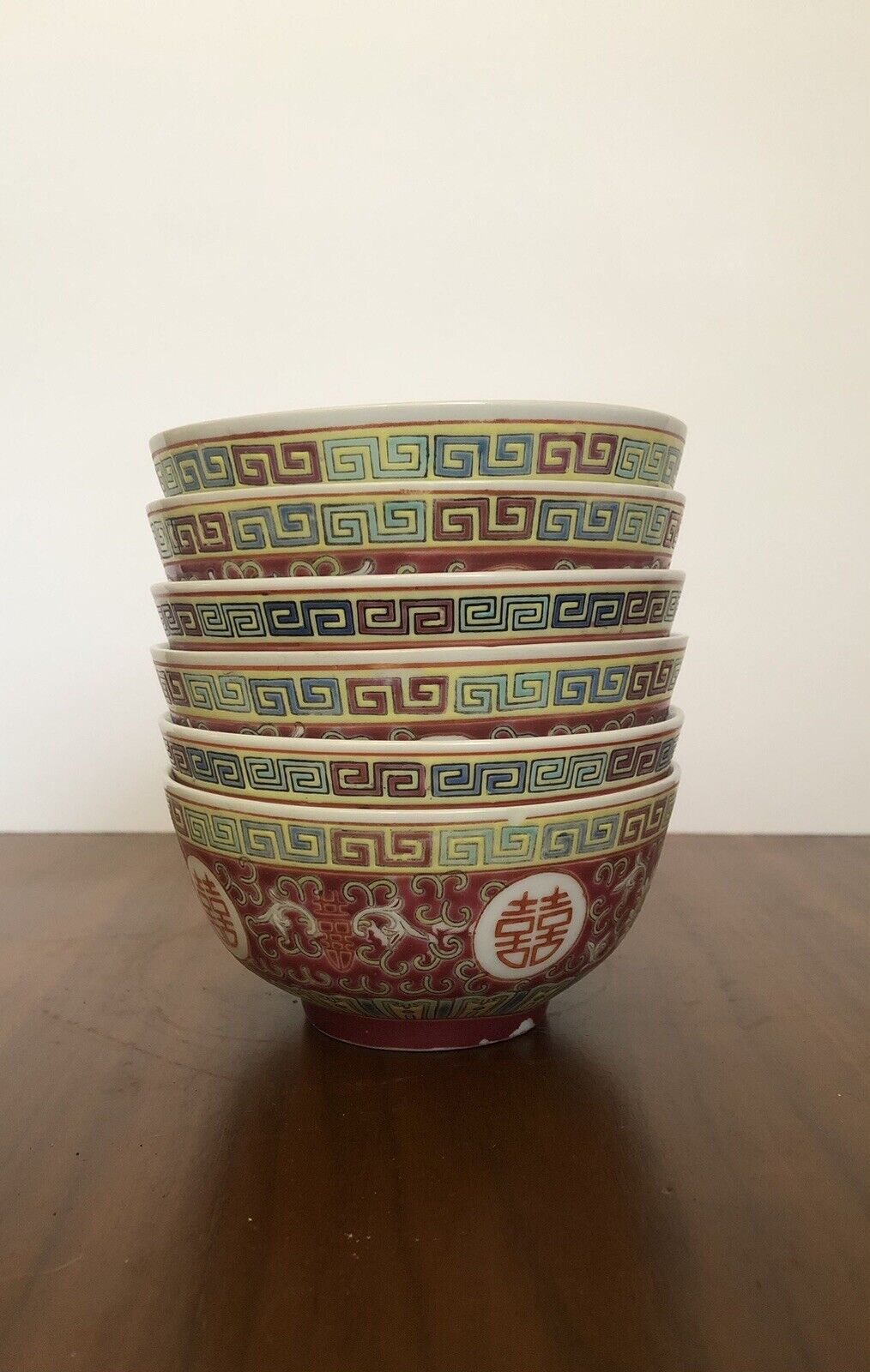 Vintage Jingdezhen Min Shou Rice Soup Bowl Red Famille Rose Pattern Set Of 6