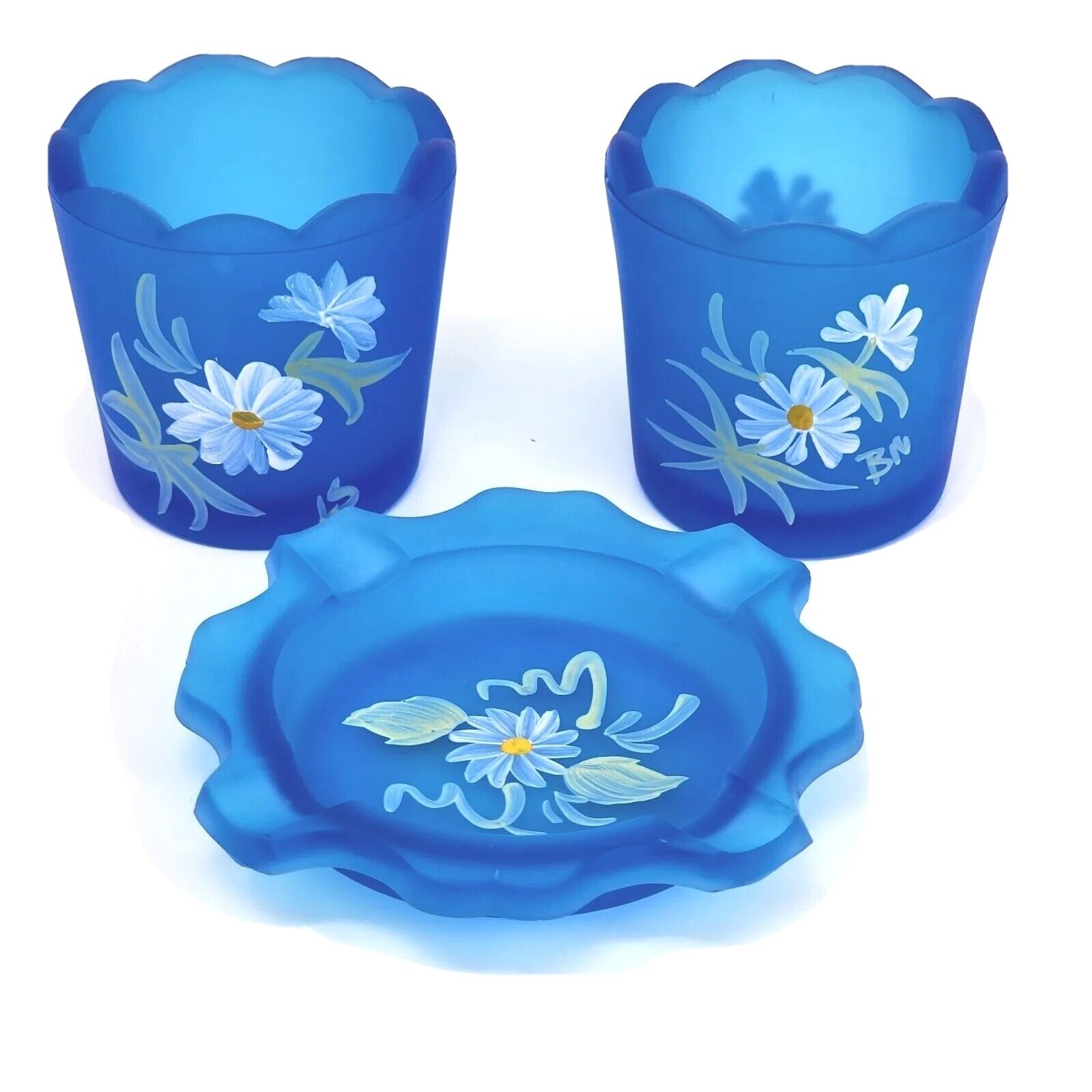 Confederate Glass Hand Painted Floral Blue Satin Candle Holders and Ashtray LOT 