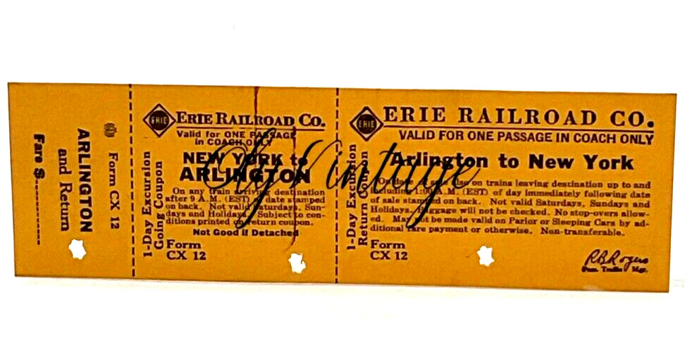 RARE Sample 1950 Erie Railroad Co. Railroad Ticket Arlington New York Coach
