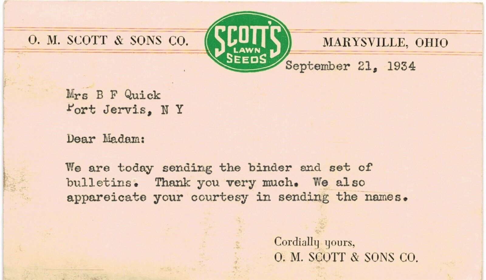 Marysville Scott\'s Lawn Seeds Postal 1934 OH 