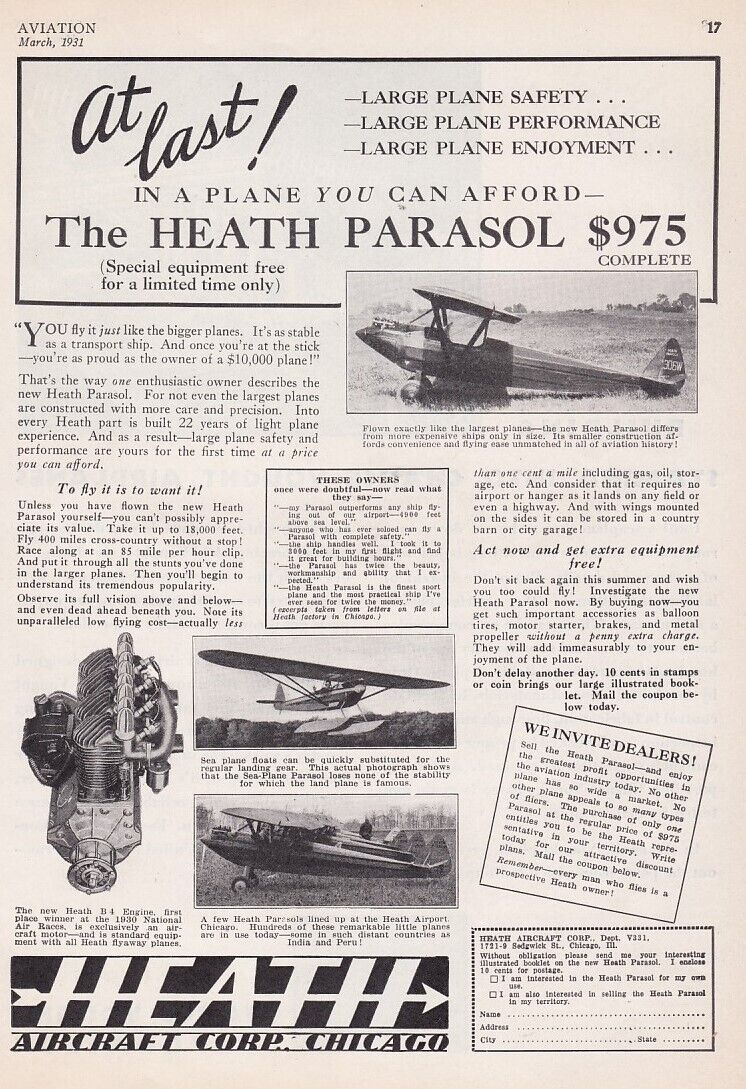1931 Heath Parasol Aircraft ad 9/1/2022a