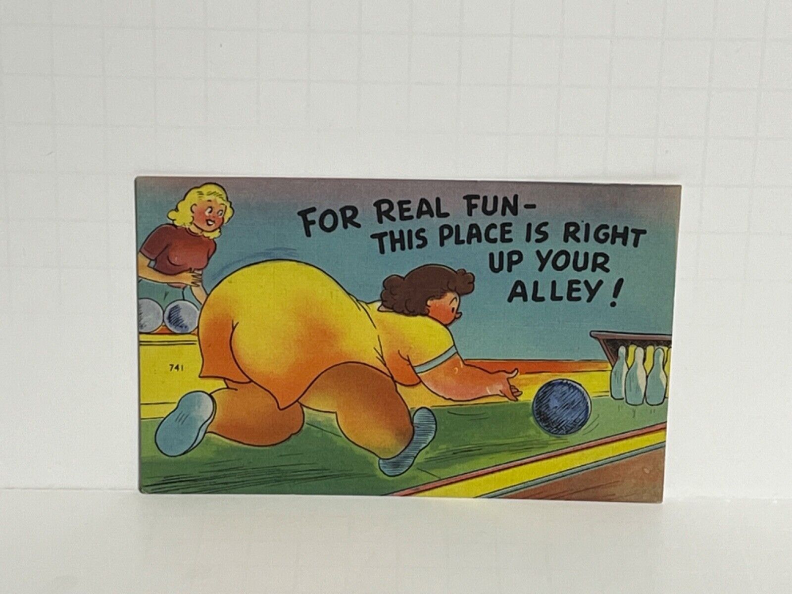 Postcard Comic Humor Woman Bowling A64