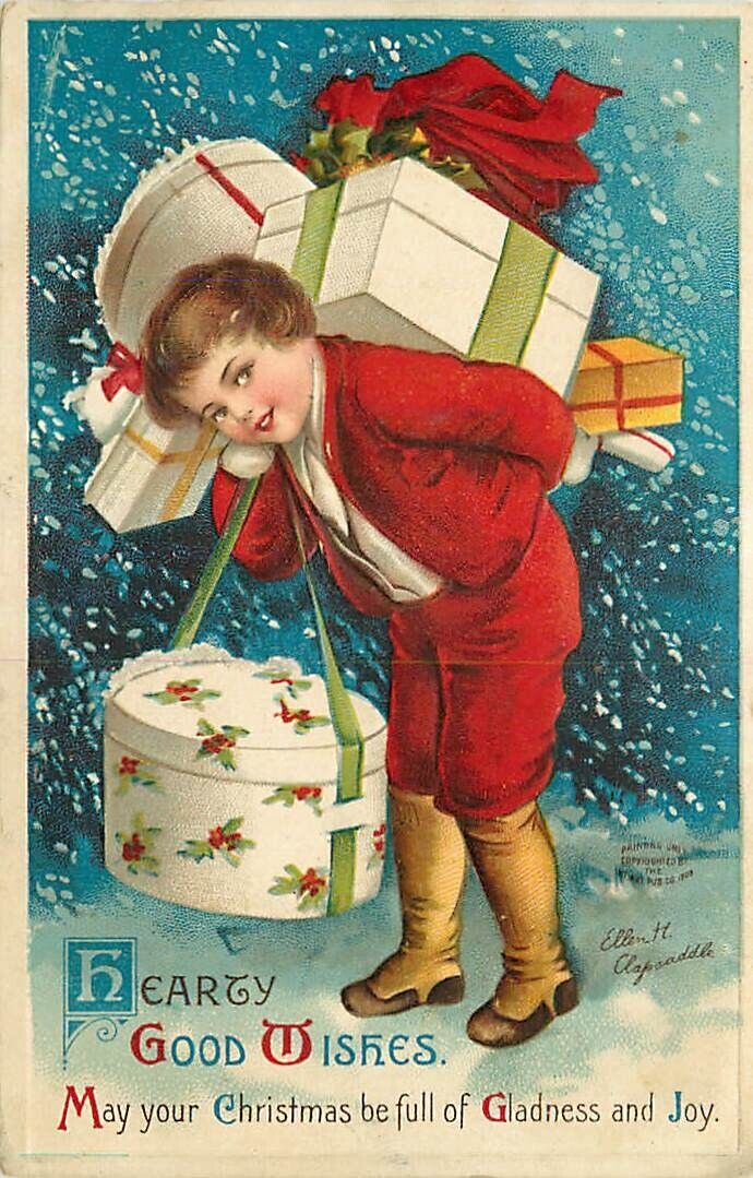 Ellen Clapsaddle Embossed Christmas Postcard Little Boy w/ Hat Boxes #4