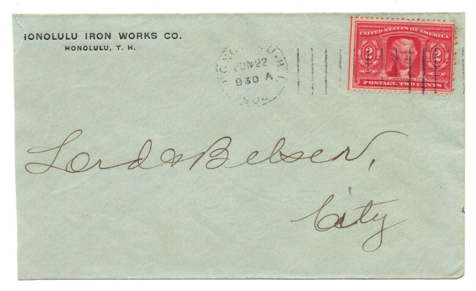 1904 Cover~ Honolulu Iron Works Co. to LORD & BESLER Construction Firm ~ HAWAII