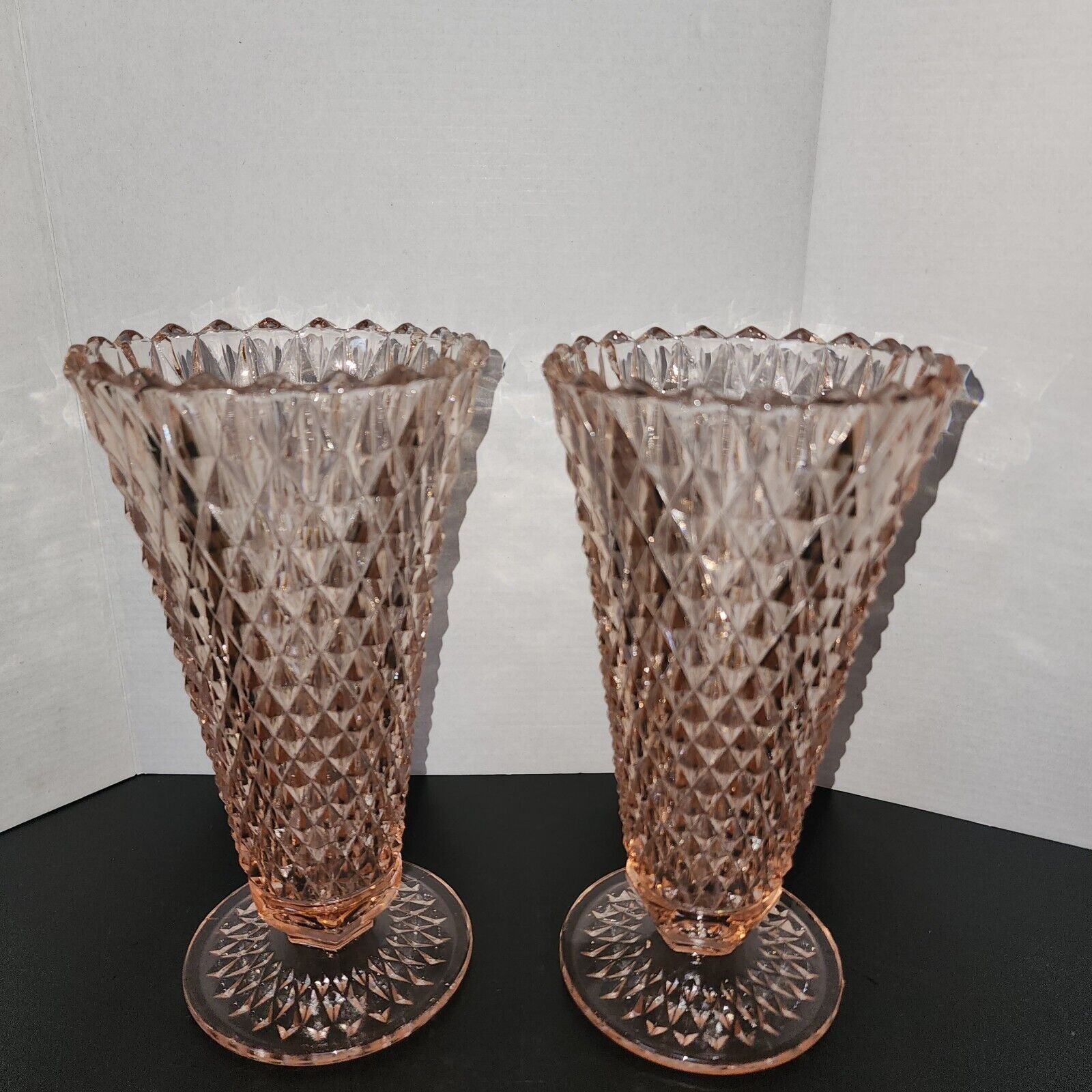 Vintage Pink Diamond Cut Vases 8\