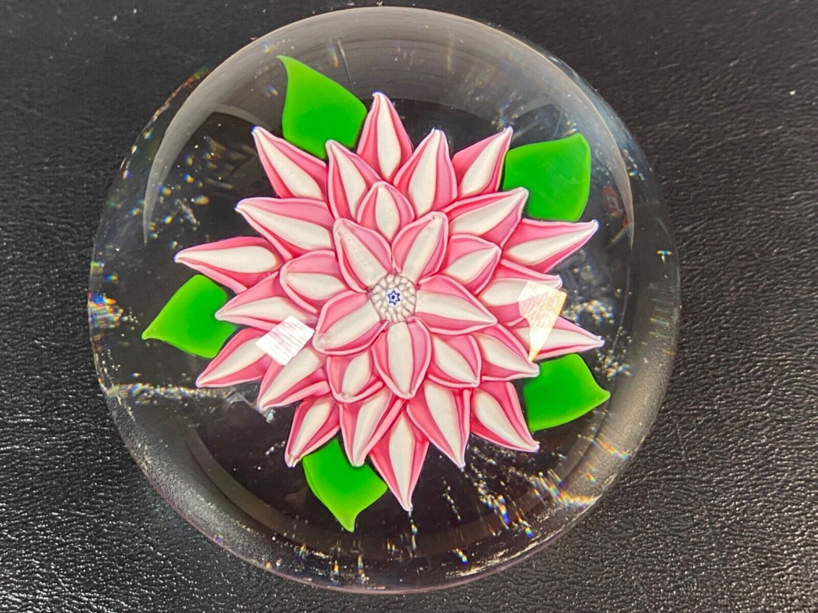 John Deacons Art Glass Paperweight Dahlia Pink and White Lampwork Flower
