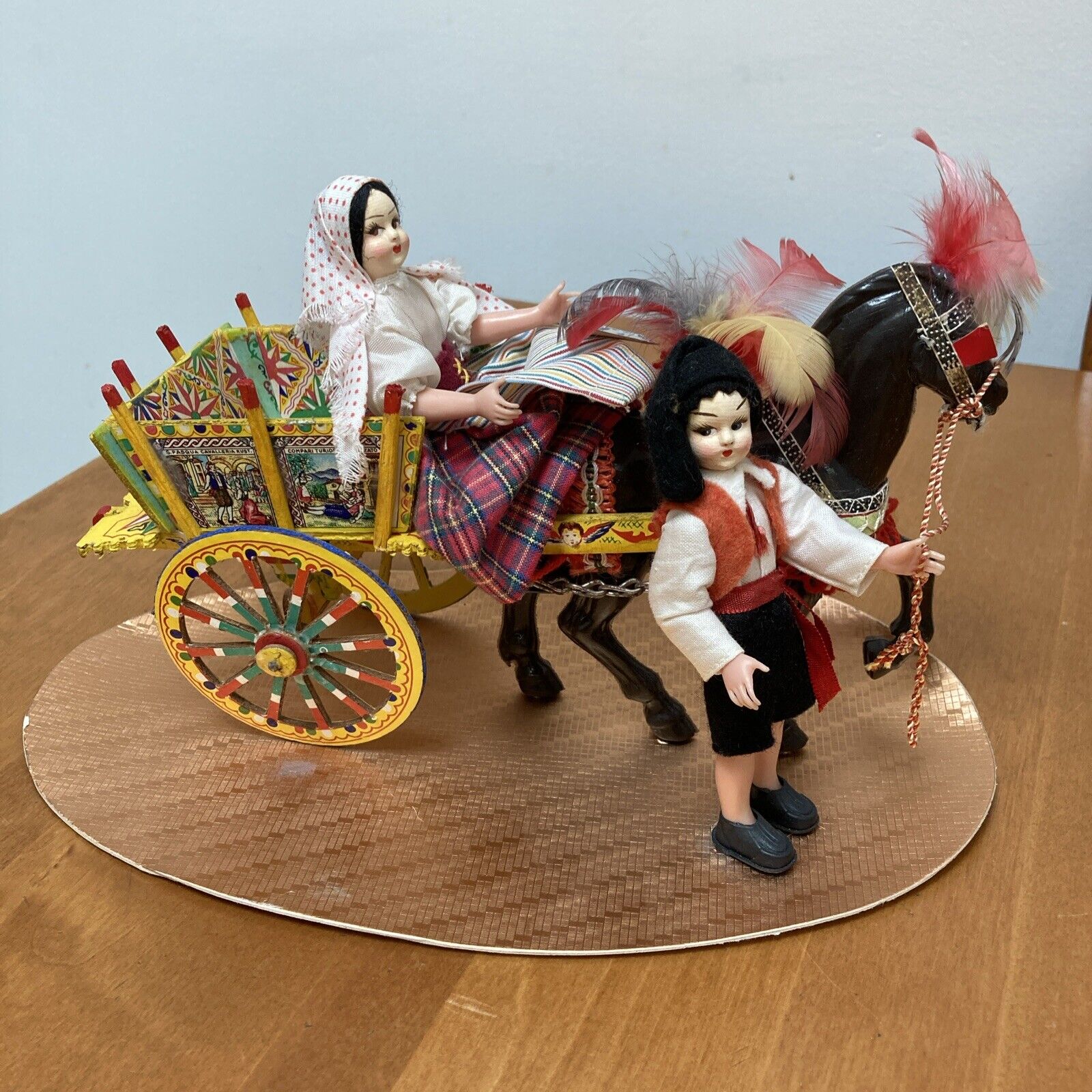 Vtg. Eros Taormina Italian Folk Art Souvenir Sicilian Wood Cart w Horse & People