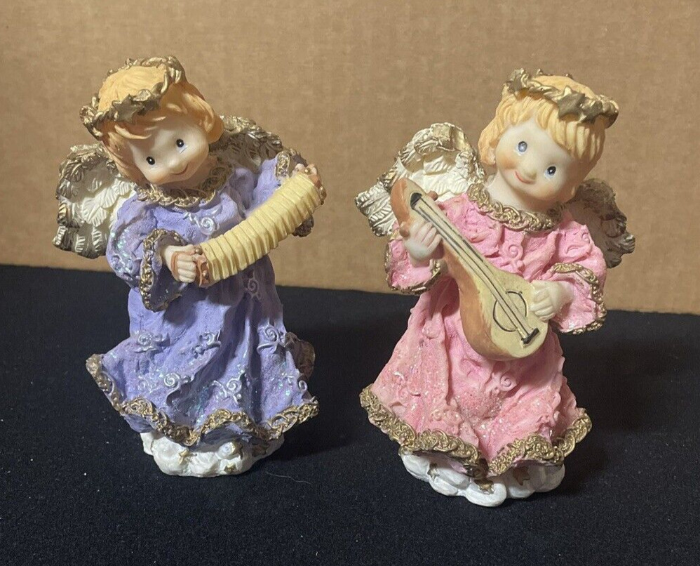 Set Of 2 Ceramic Figurines Angels Playing Instruments