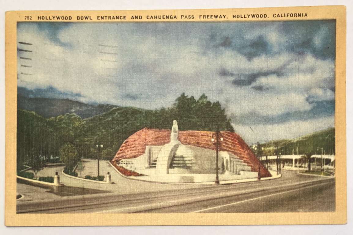 1949 Hollywood Bowl Entrance & Cahuenga Pass Freeway California Linen Postcard