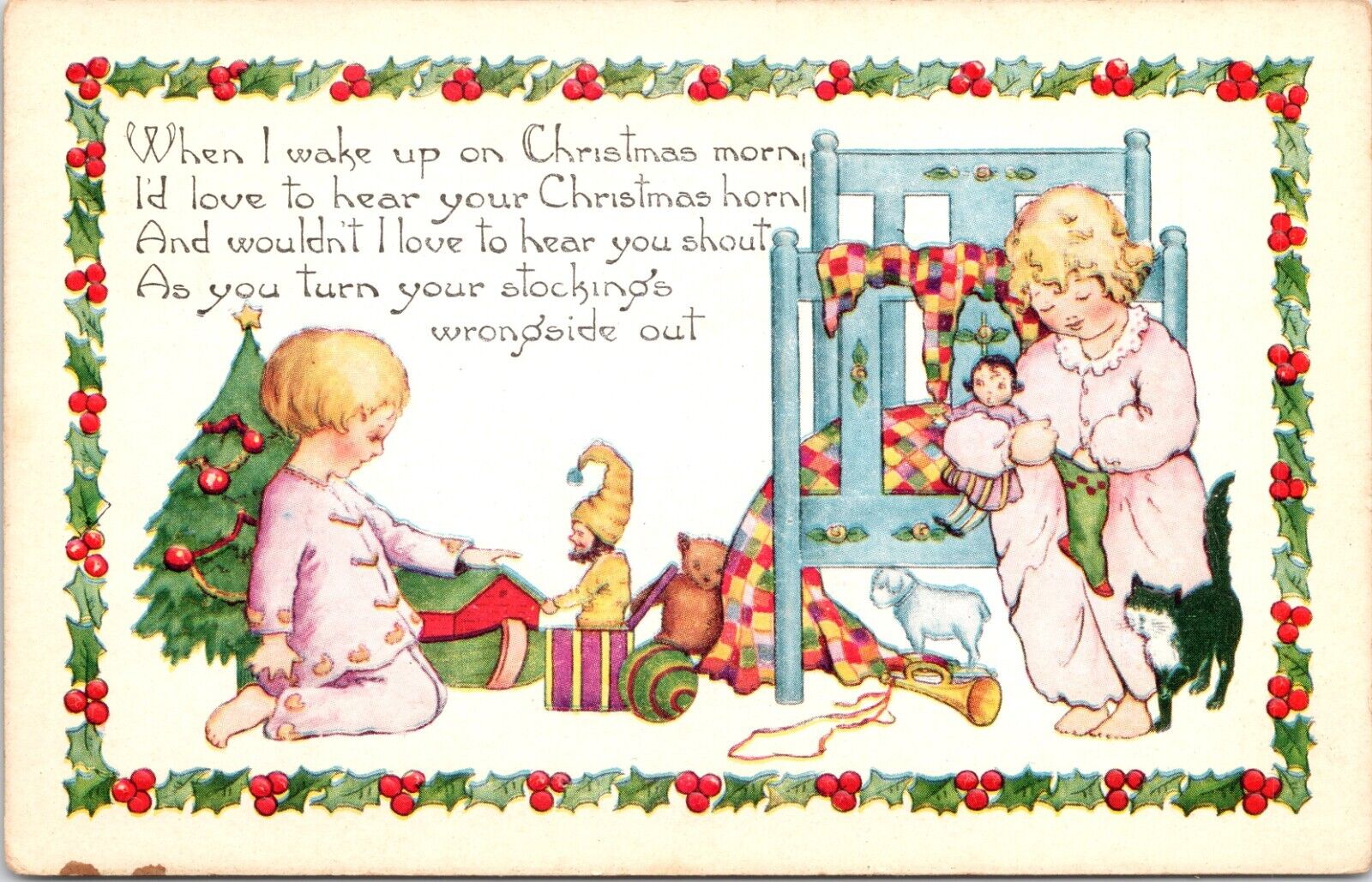 C.1920s Whitney Made Christmas Adorable Children Black Cat Toys Postcard A216
