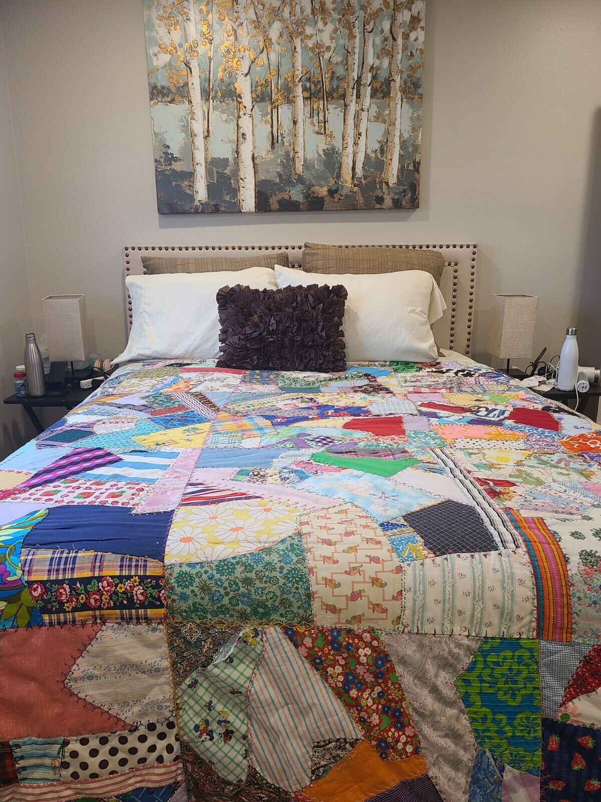 Vintage Handmade Patchwork Quilt,refabricated in 1975 from 1897 Multicolor, King