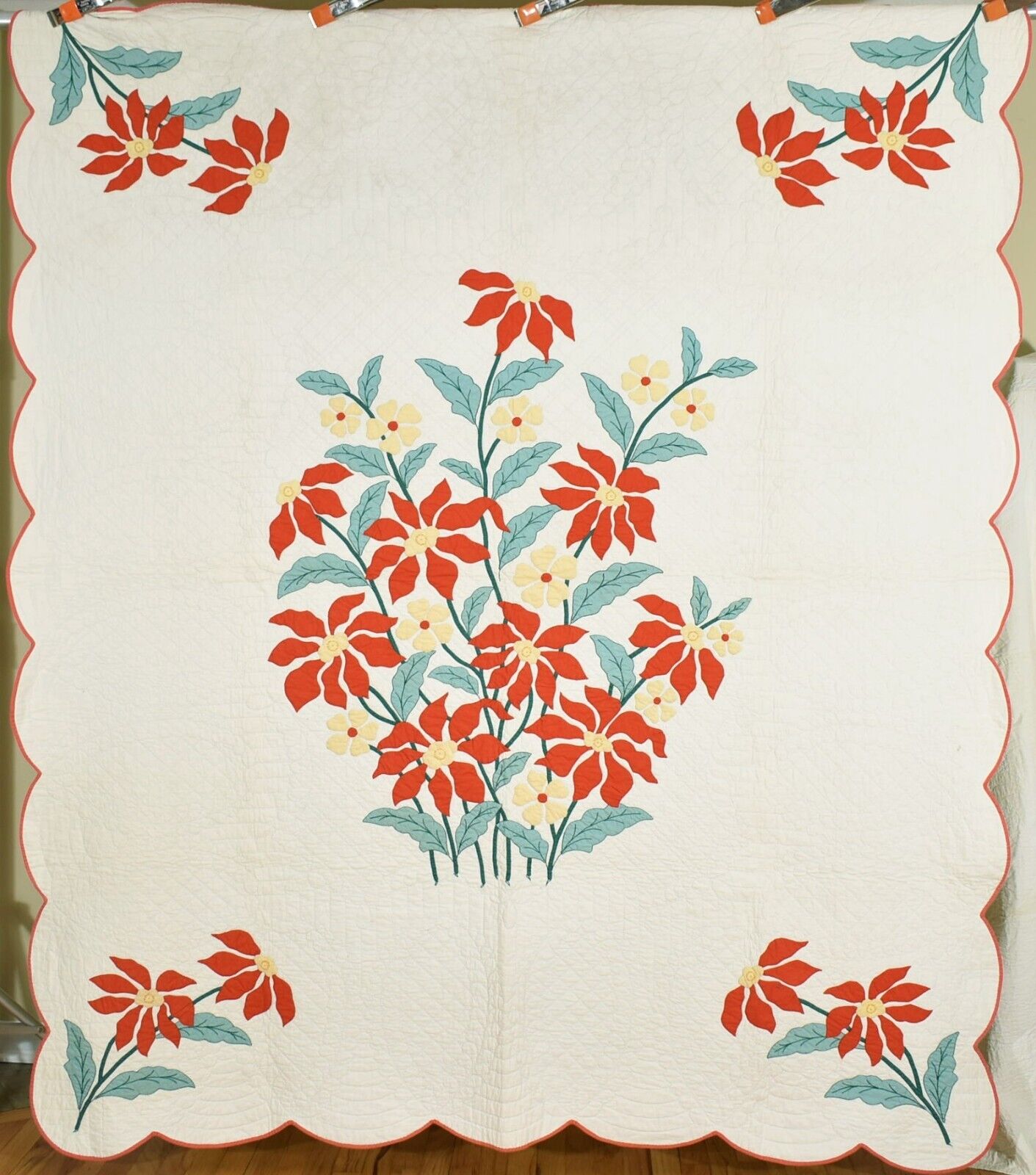 Well Quilted Vintage 1930's Poinsettia Applique Antique Quilt ~Holiday Colors