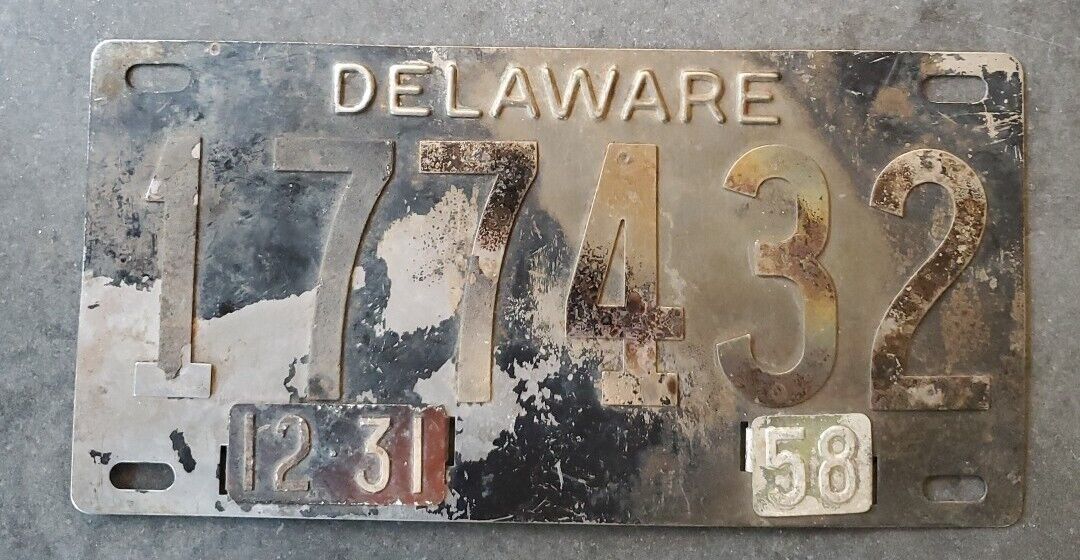 1958 Delaware Stainless Steel Riveted License Plate 177432 12-31-58 Tabs