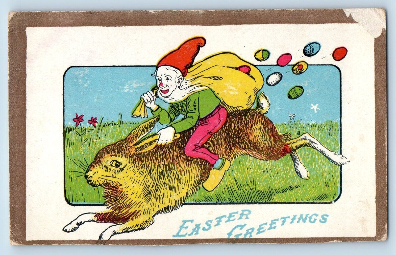 Easter Postcard Greetings Elf Gnome Riding Big Rabbit With Eggs c1910\'s Antique