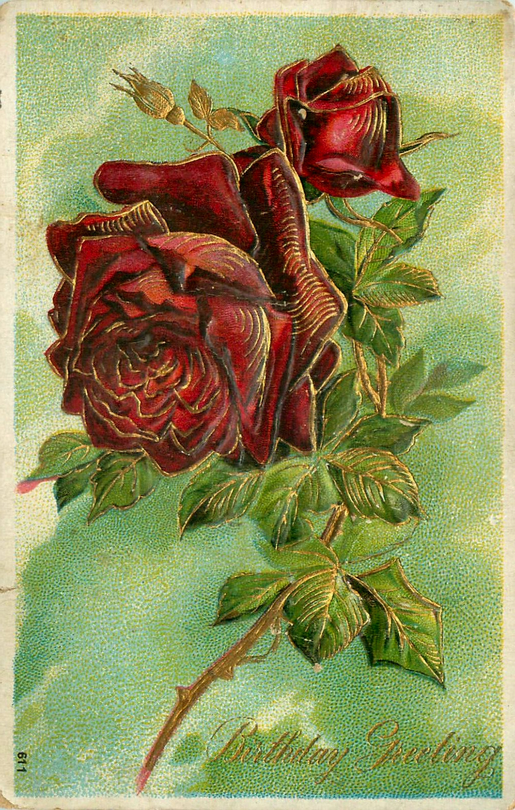 1900\'s Birthday Greetings Embossed Rose Made in Germany Antique 1909 Postcard