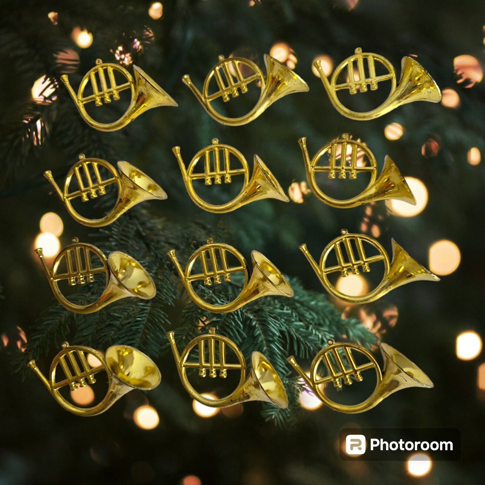 (12) Plastic Metallic Gold Tone French Horn Christmas Ornament Wreath Craft