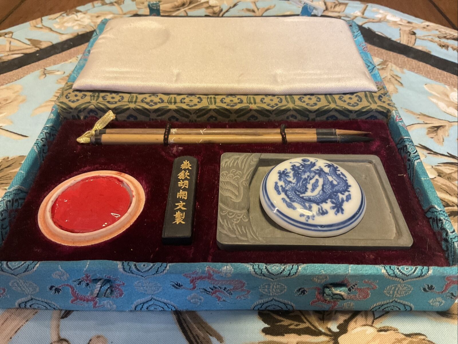 Vintage Chinese Calligraphy Set Old Writing Box Kit - Red Ink