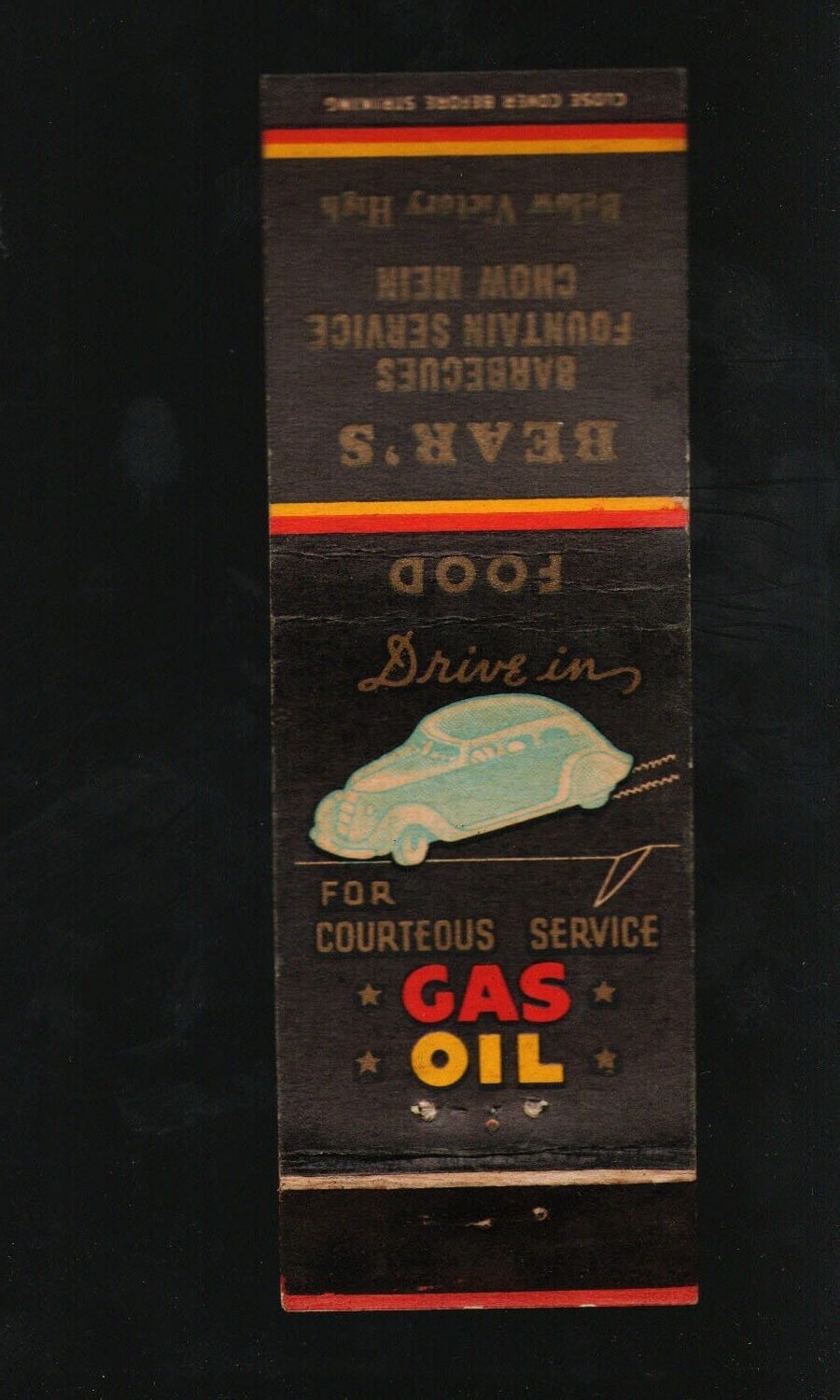 Bear's Drive In Gas Oil Service Victory Hill Clarksburg WV Vintage Matchbook