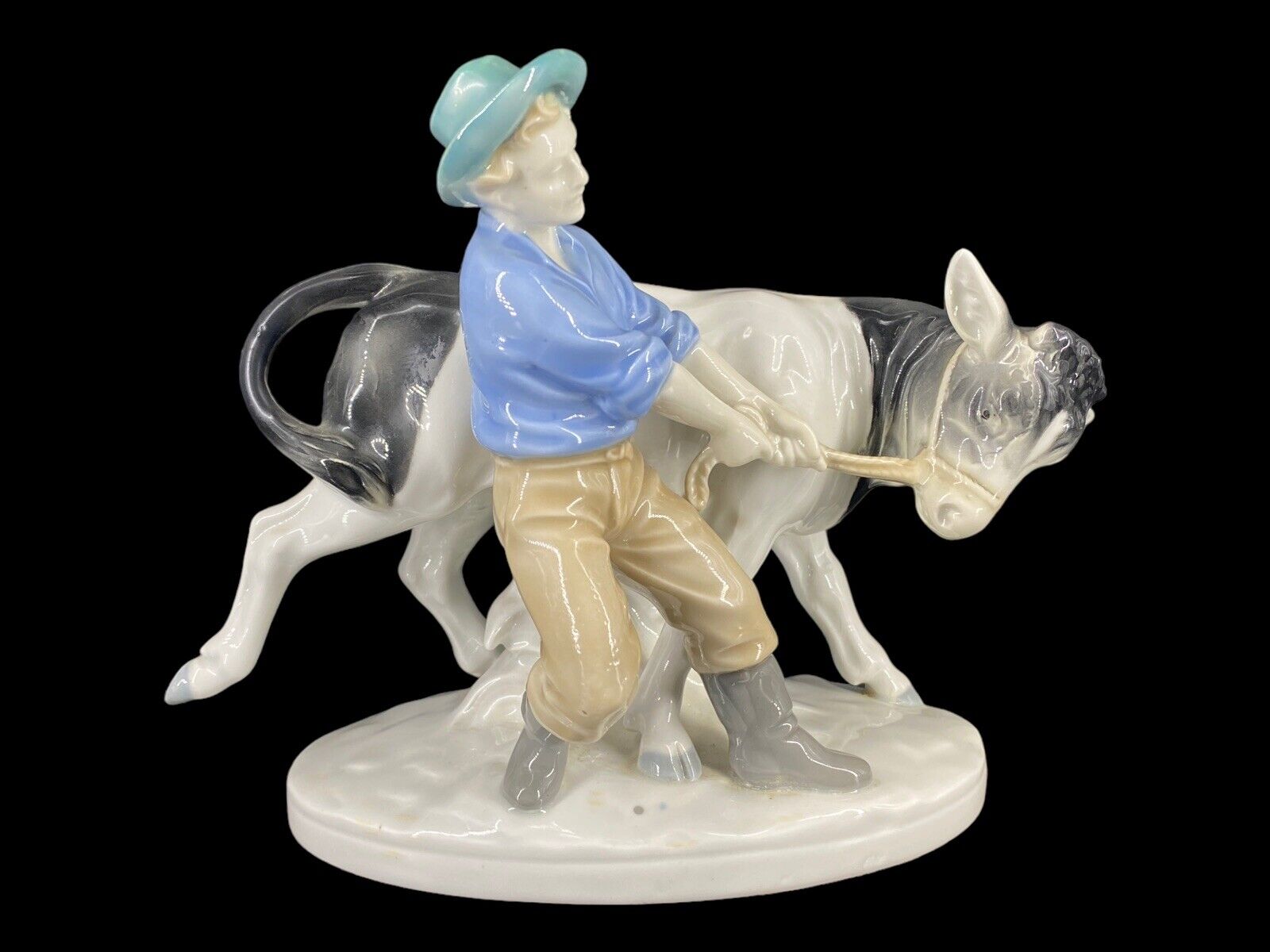 Vintage Carl Schneider Grafenthal German Porcelain Figurine Boy Pulling Cow