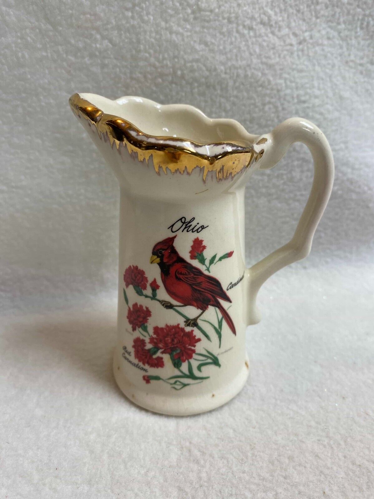 Vintage Ohio Souvenir Small Pitcher/Creamer with Cardinal and Red Carnations
