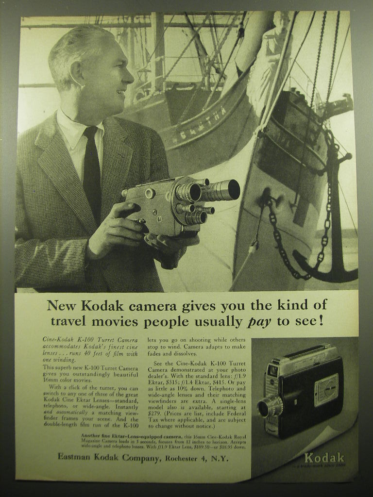 1957 Kodak Cine-Kodak K-100 Turret Camera Advertisement - Travel Movies