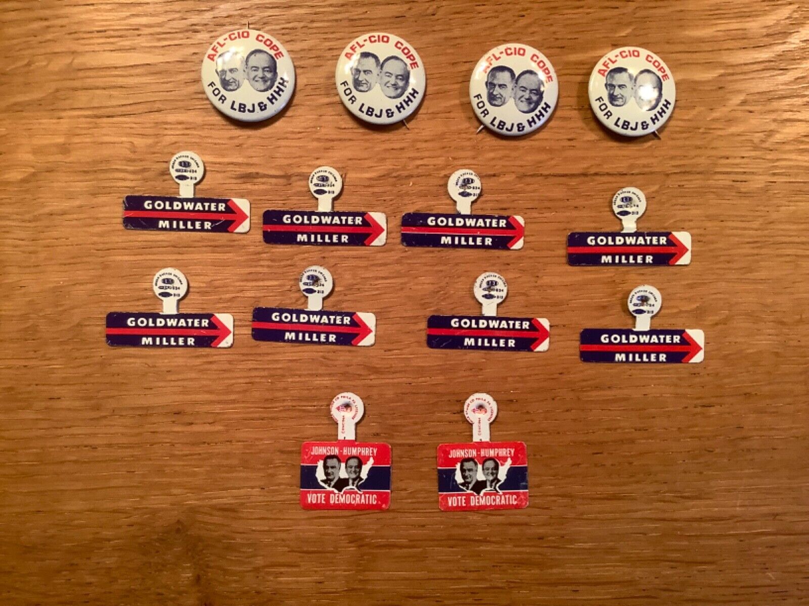 1964 LBJ HHH Goldwater Miller campaign buttons and clips