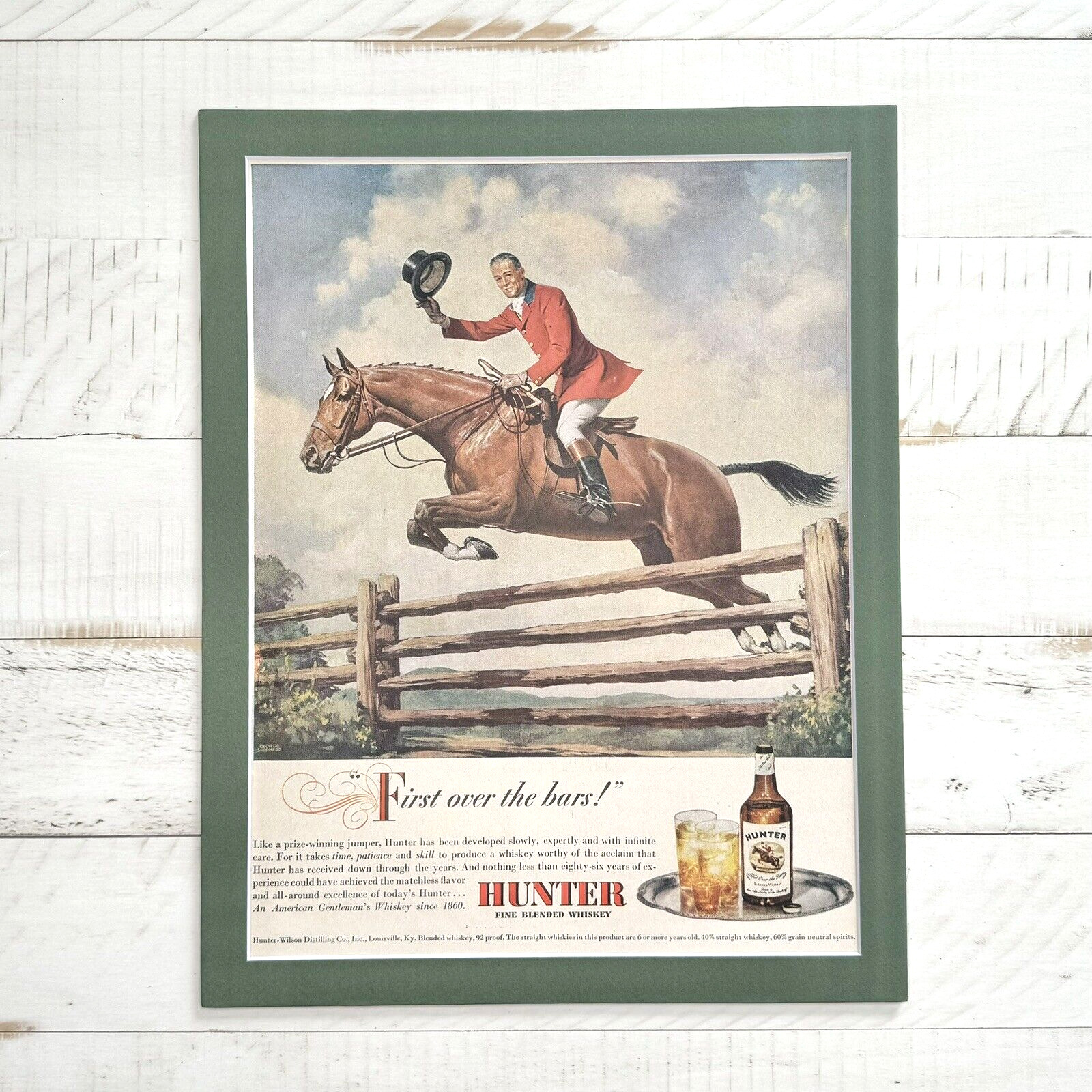 1940s Hunter Wilson Kentucky Whiskey Ad Ready to Frame MCM Bar Wall Art, Horse