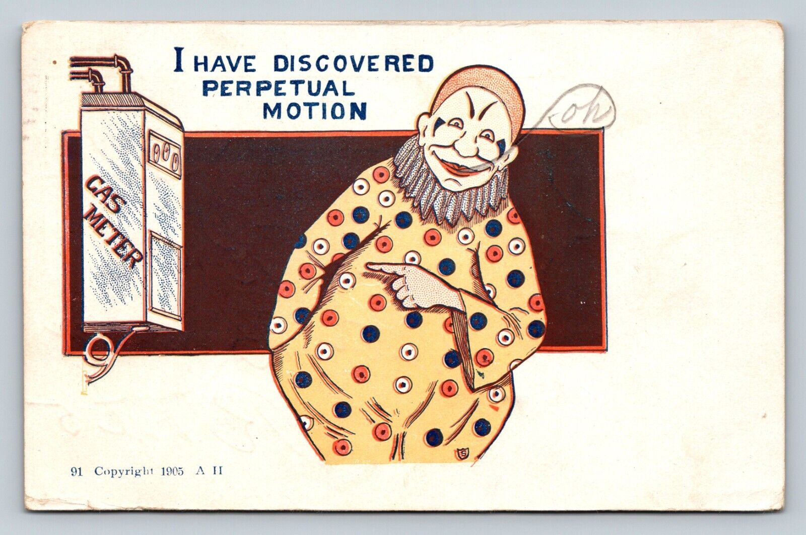 c1905 Creepy Clown Discovers Perpetual Motion, Gas Meter ANTIQUE Postcard