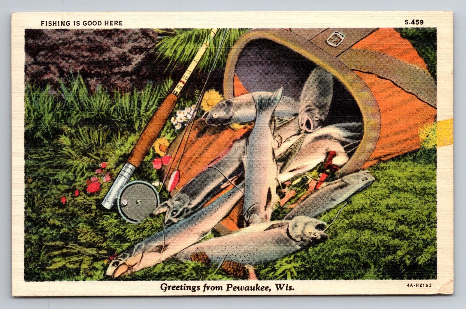 Greetings From Pewaukee Wisconsin Posted 1942 Linen Postcard Trout Fishing Creel