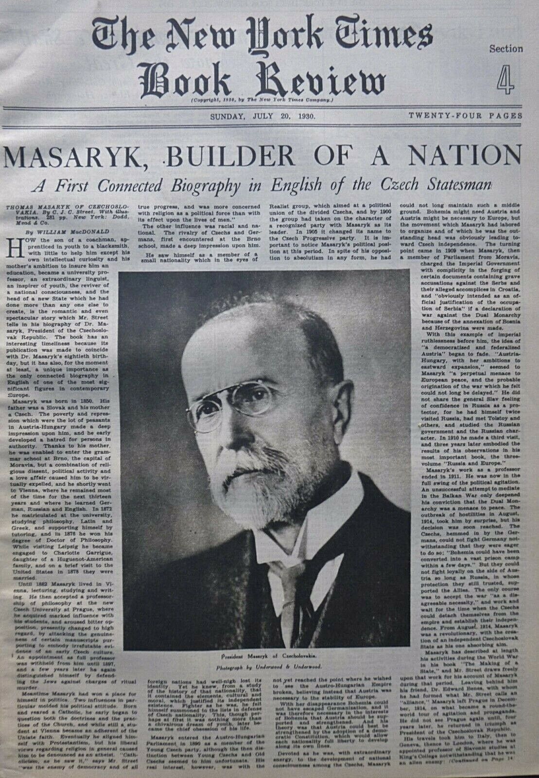 THOMAS MASARYK CZECHOSLOVAKIA ST SURTEES PICKWICK JORROCKS 1930 July 20 NY Times
