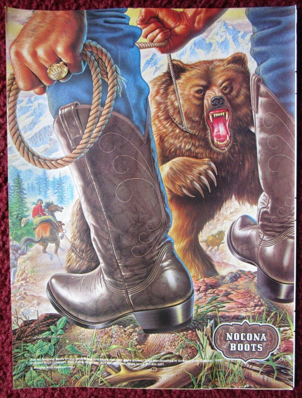 1981 NOCONA Cowboy Boots Magazine Print Ad Clipping ~ Brown Bear Alex Ebel Art