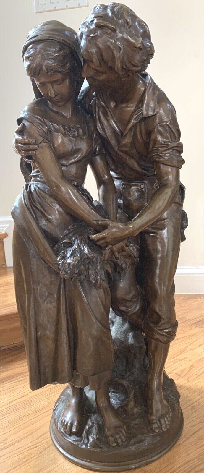 AN IMPORTANT 19 CENTURY FRENCH BRONZE 31\'\' HIGH LOVERS STATUE BY MATH MOREAU