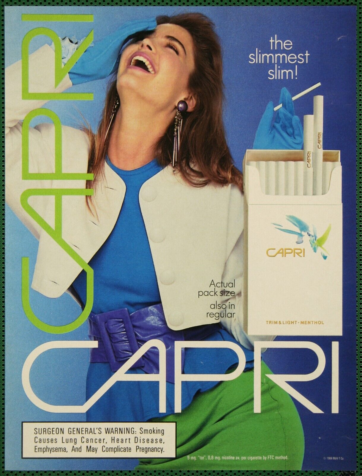 Capri Trim Light Menthol Slim Cigarettes Brunette Woman Vintage Print Ad 1988