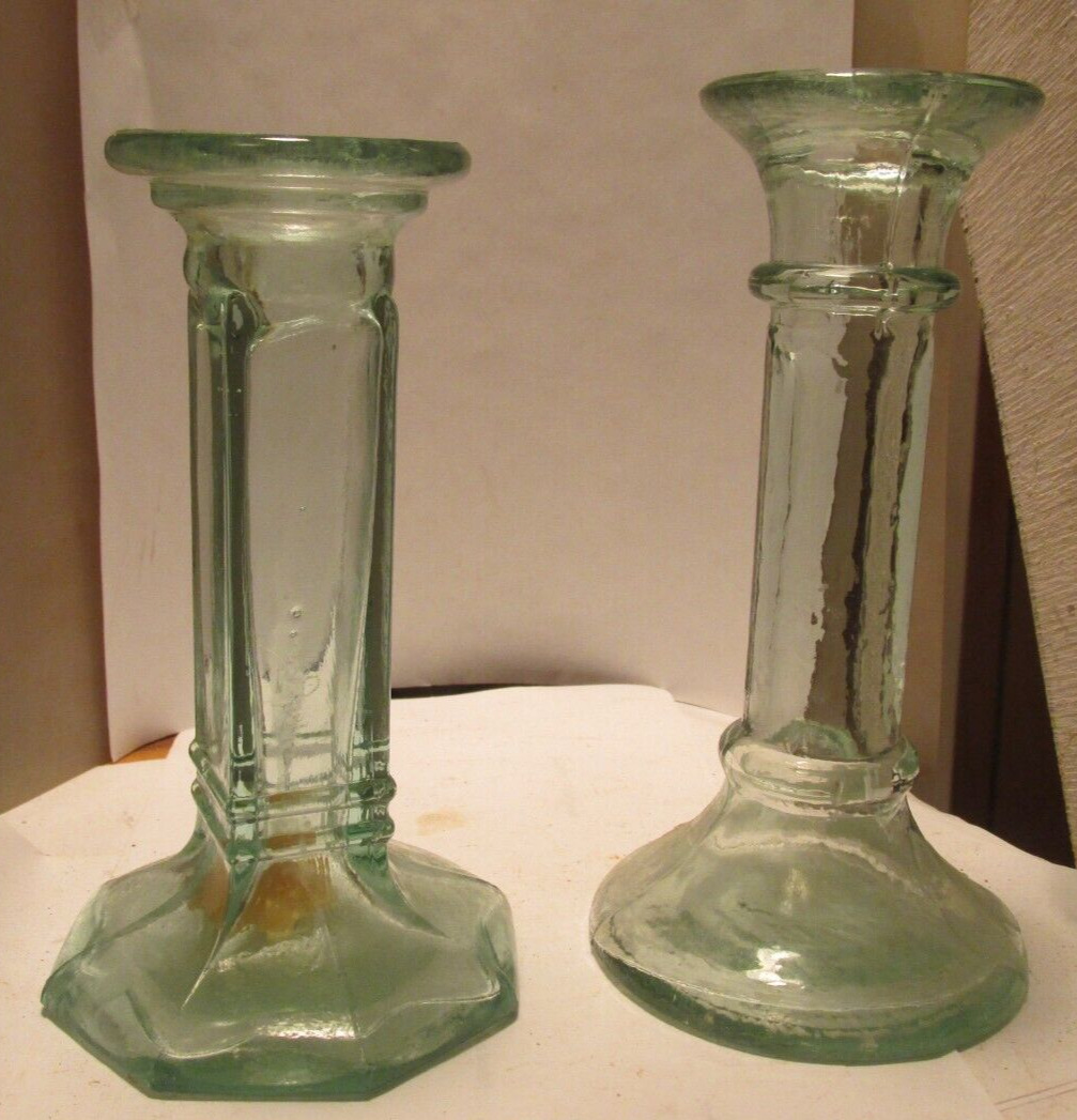 set of 2 aqua glass candle holders 6\