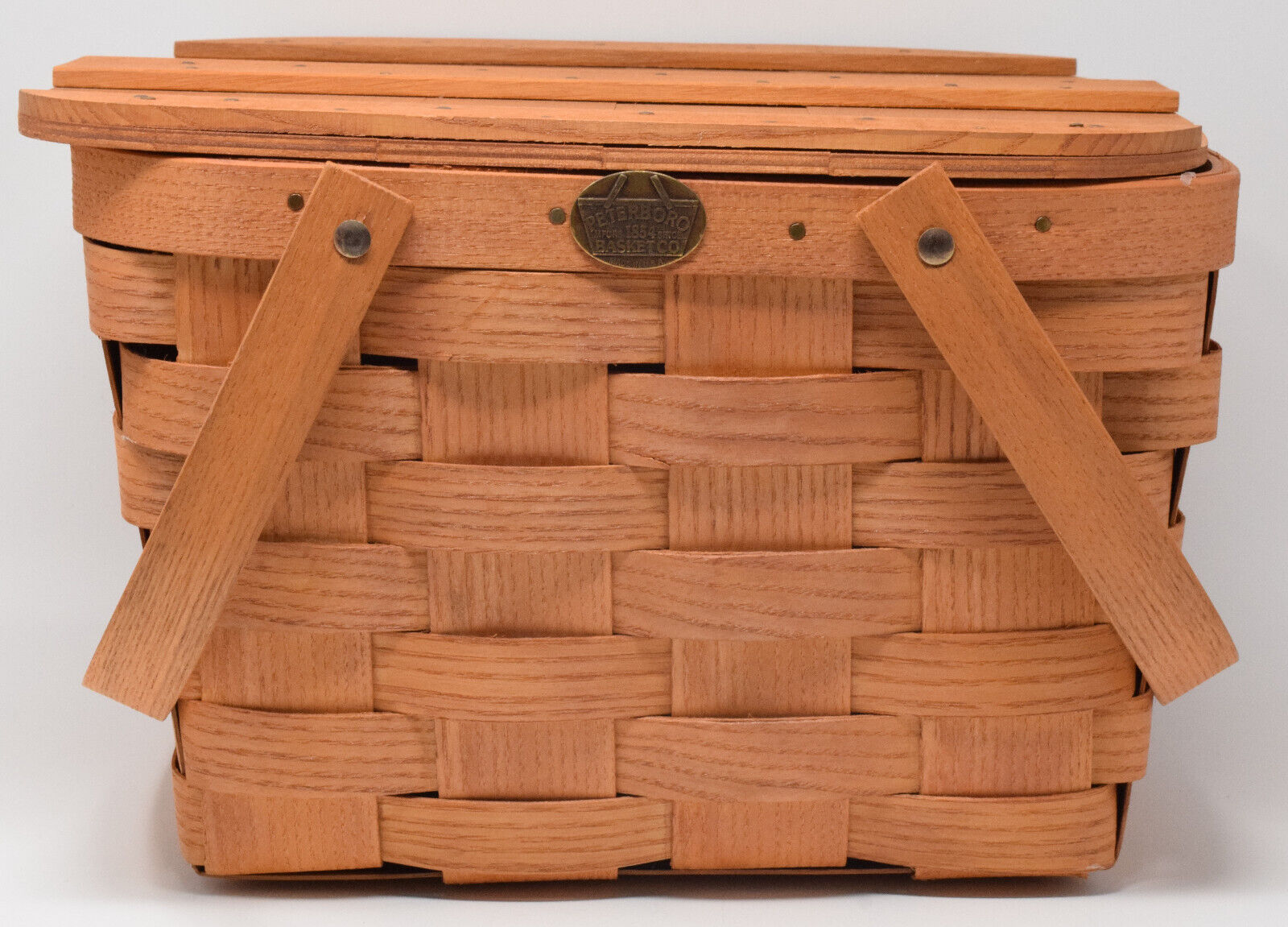 Peterboro Picnic Basket w/Wood Lid and Inside Shelf 13 x 13 x 9