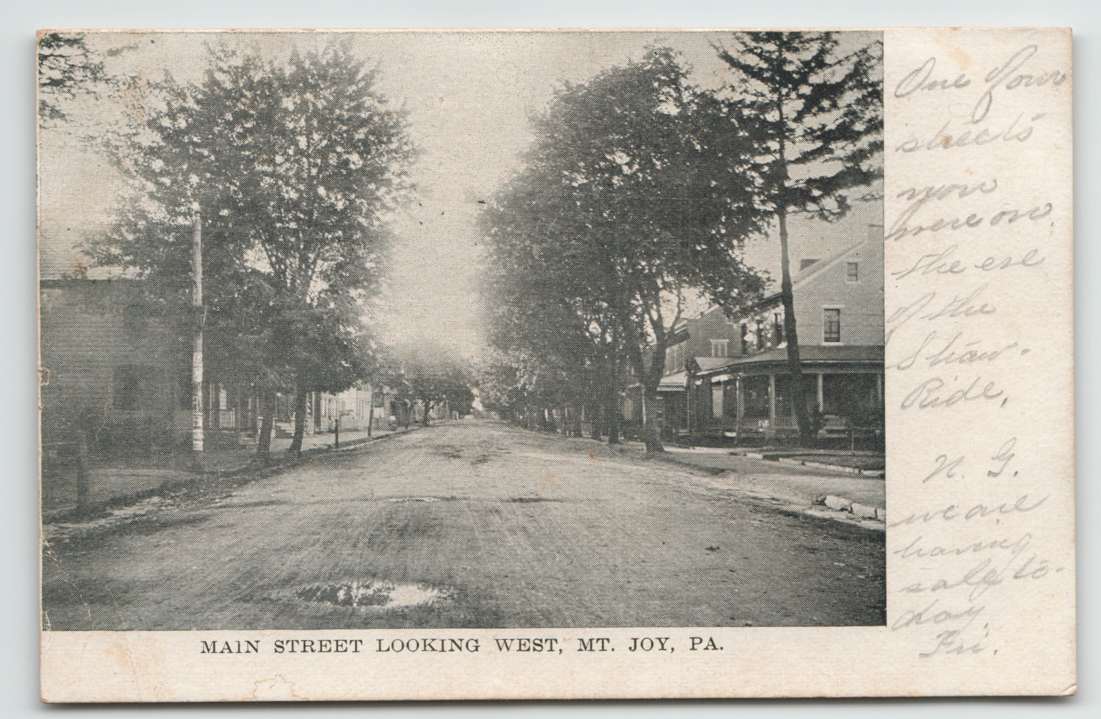 Postcard Vintage 1908 Main Street Looking West in Mt. Joy, PA. Dirt Street