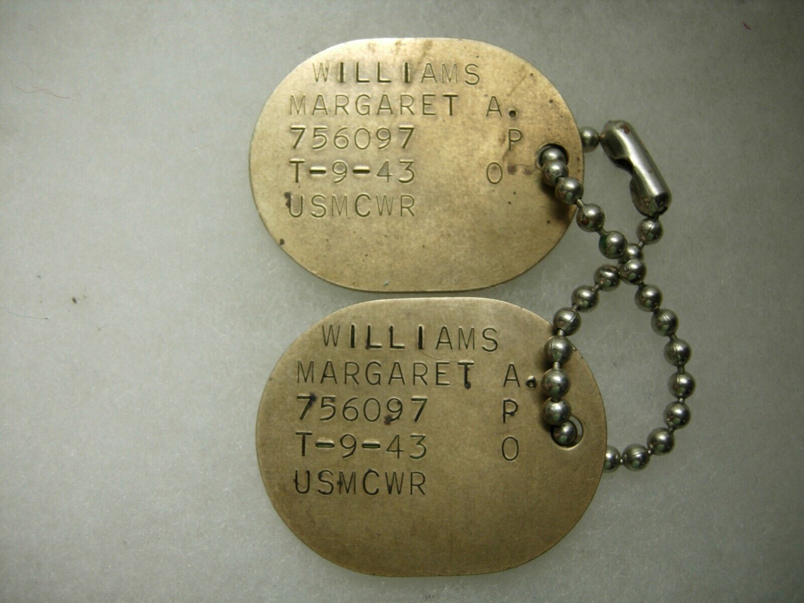 WW2 USMCWR Dog Tag Pair - Female Marine T-43 Margaret Williams 756097  XB