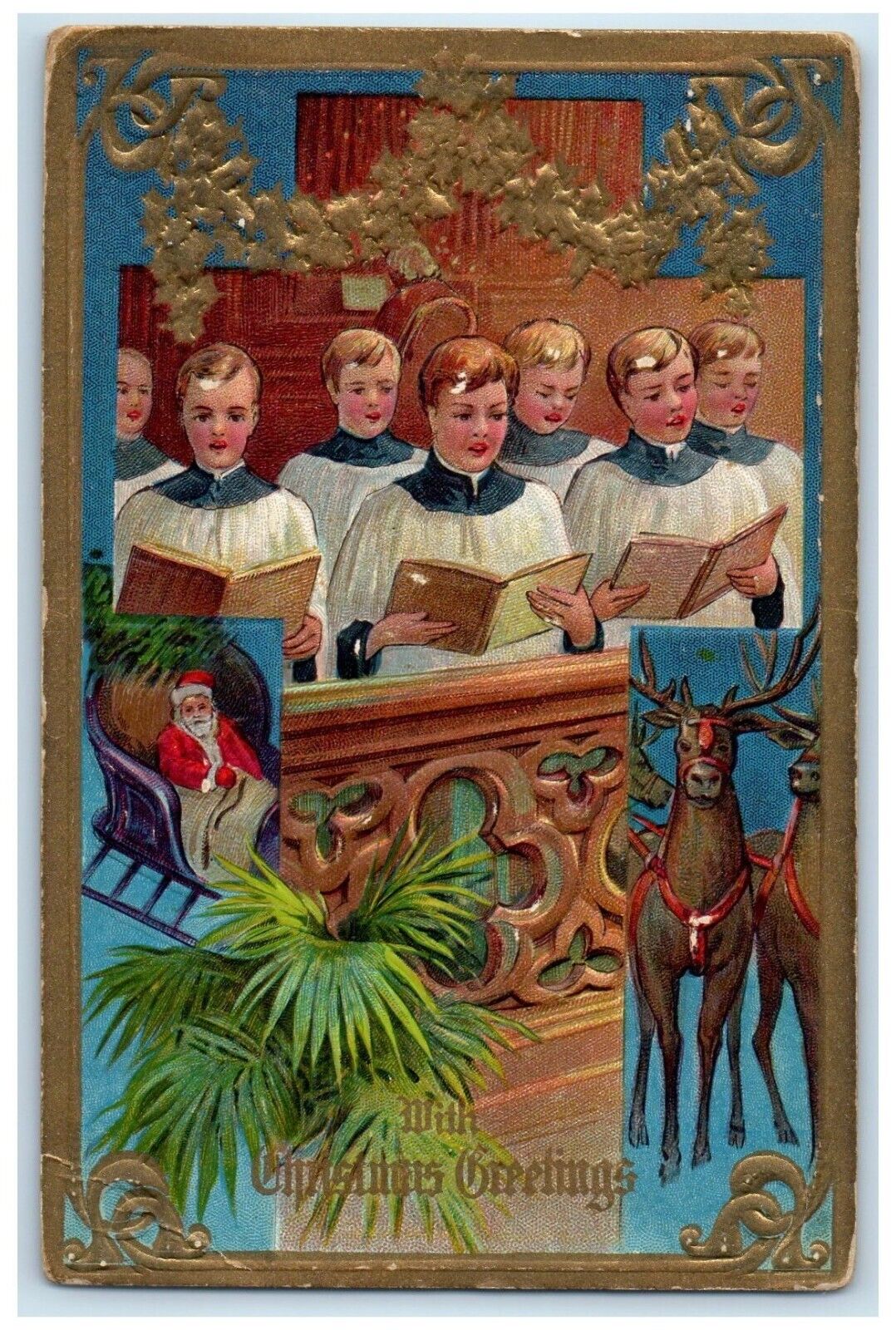 c1910\'s Christmas Greetings Boys Choir Nash Embossed McCune Kansas KS Postcard