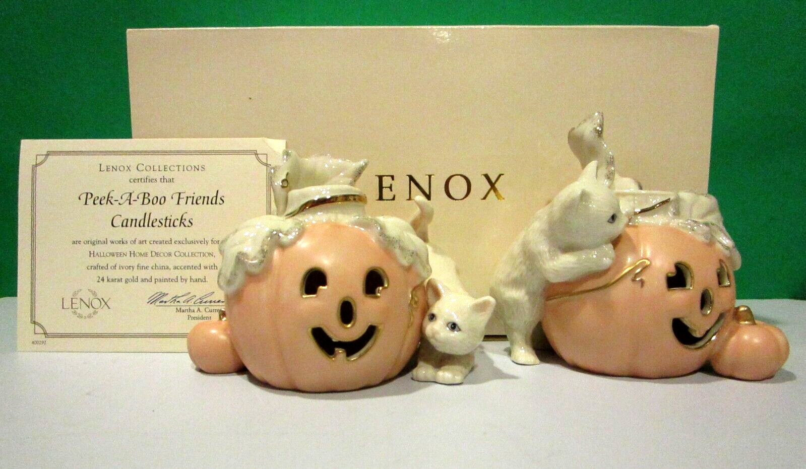 LENOX PEEK A BOO Cat FRIENDS CANDLESTICKS Halloween pumpkin - NEW in BOX withCOA