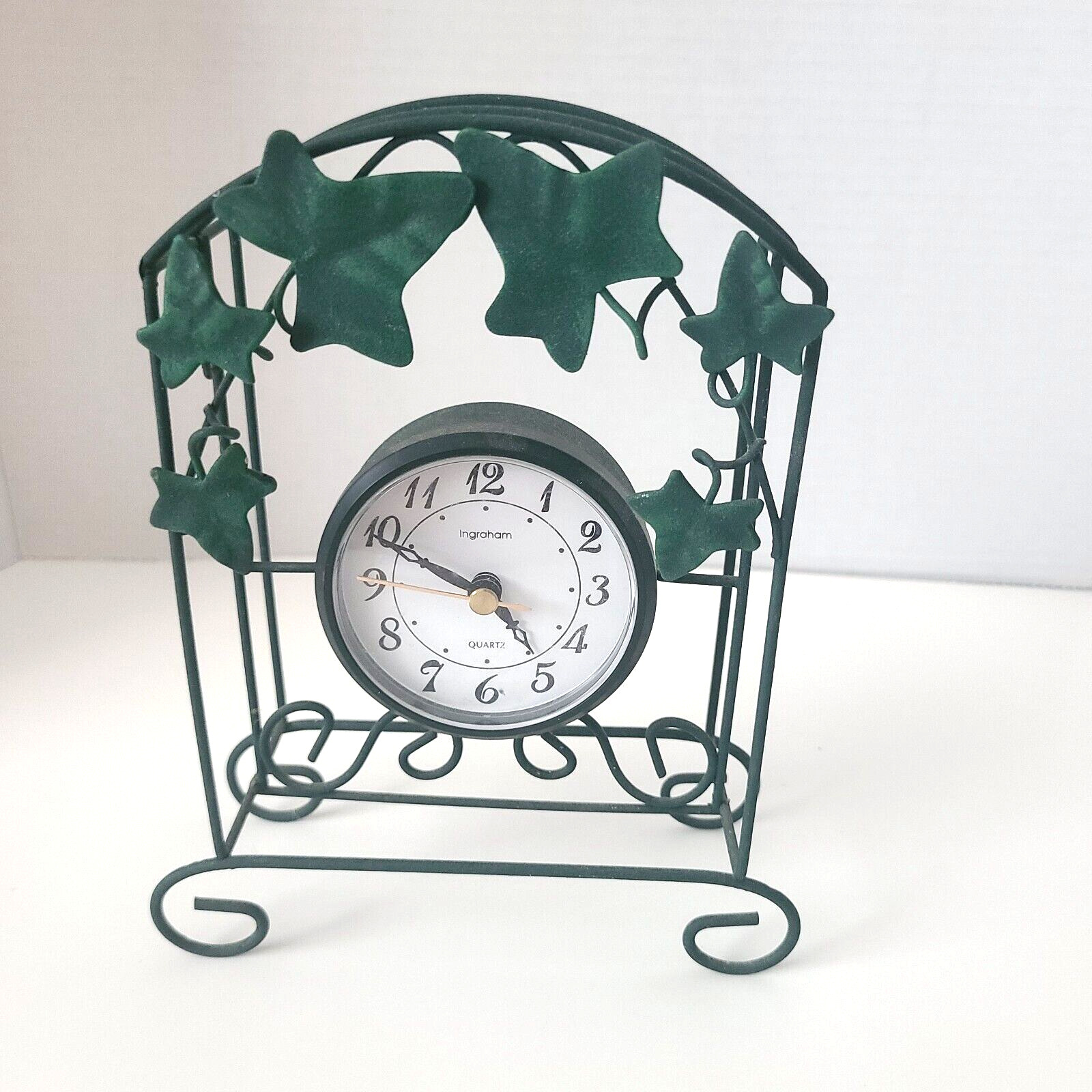 Vintage Ingraham Wire Frame Ivy Quartz Clock Green Mantle Desk Counter