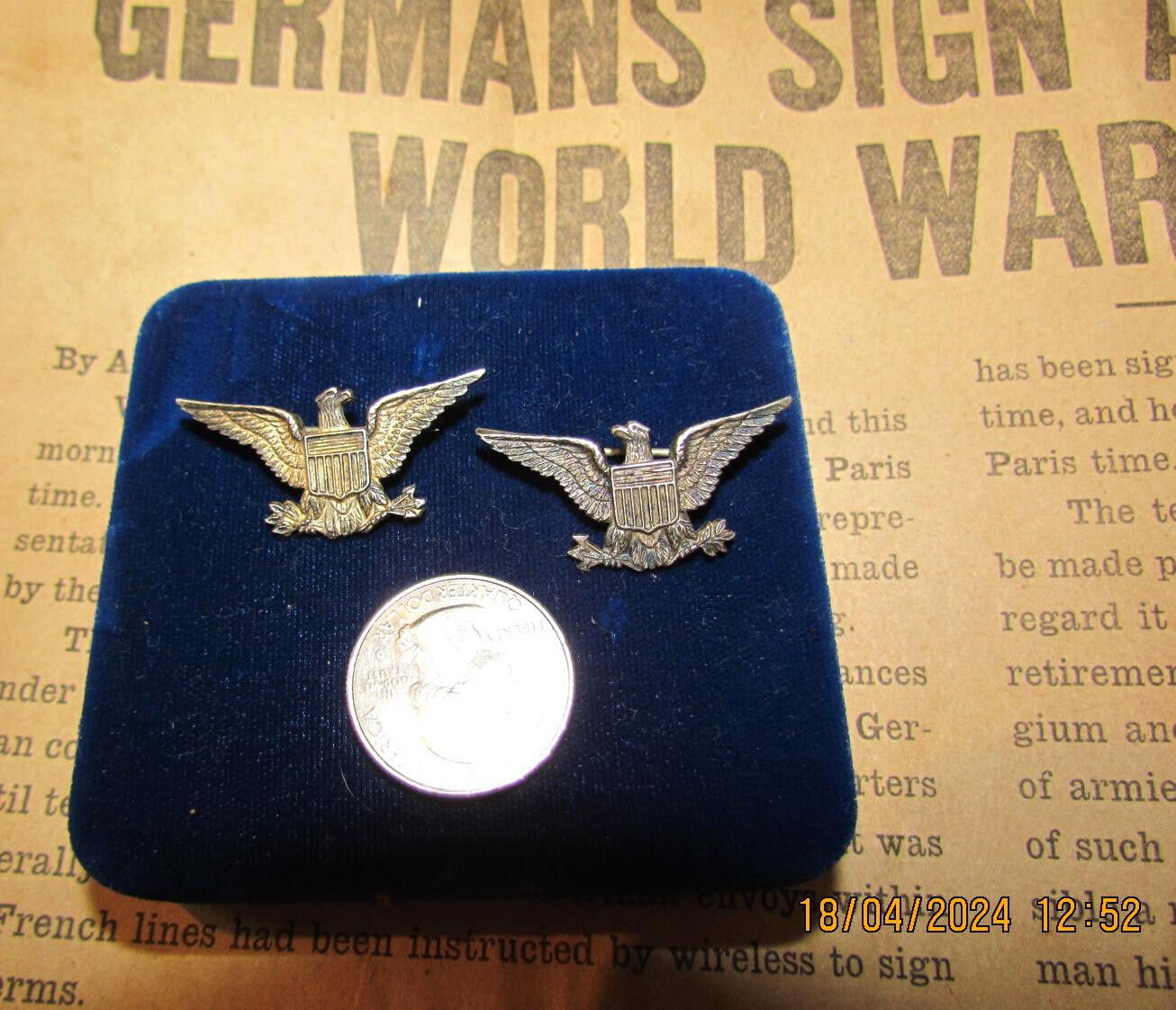 WWII US ARMY USMC COLONEL INSIGNIA WAR EAGLE STERLING 1-1/2” WW2 PAIR HISTORY 