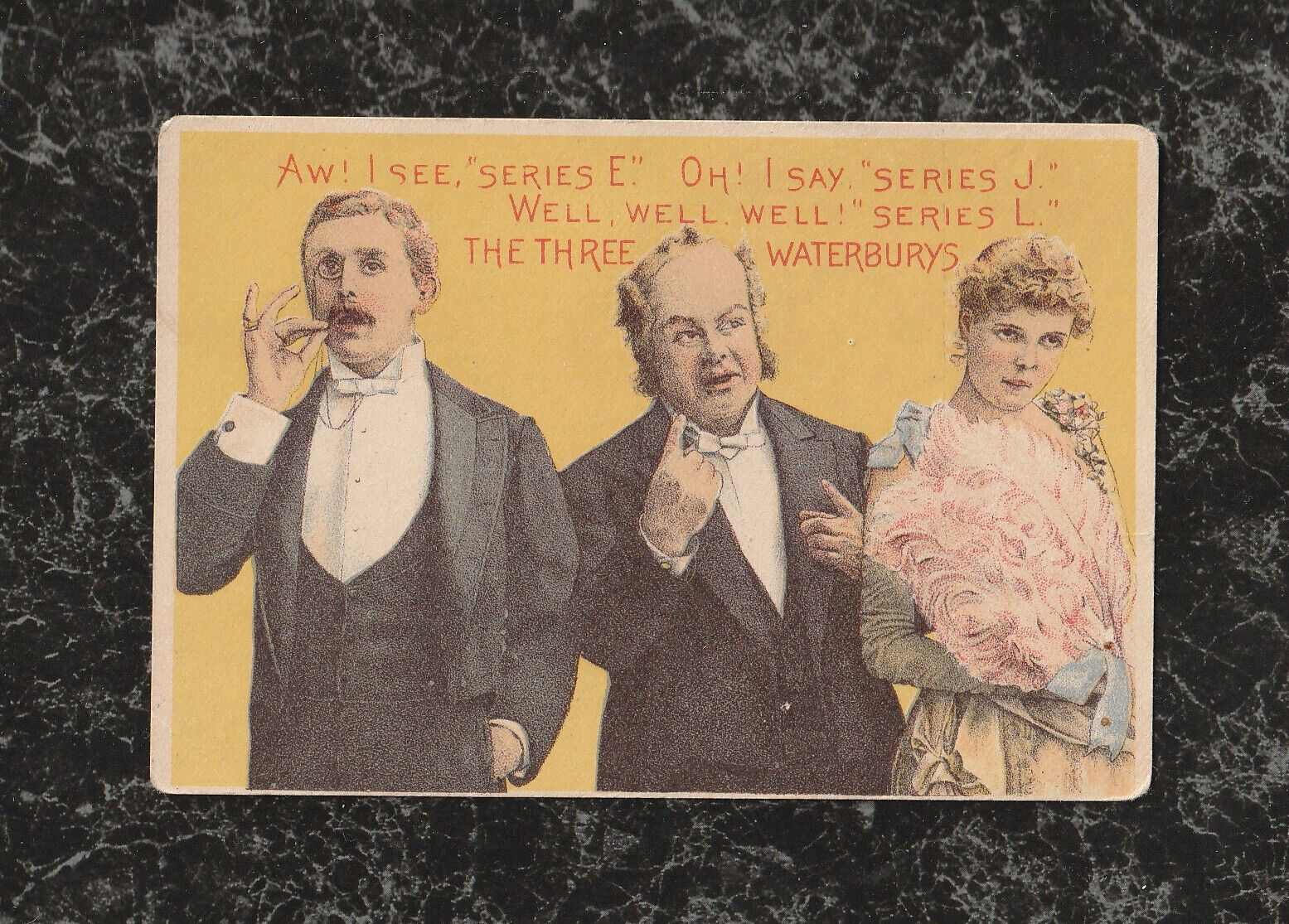 Victorian Trade Card Waterbury Watches Three People Discuss Series E J L 4x2.75